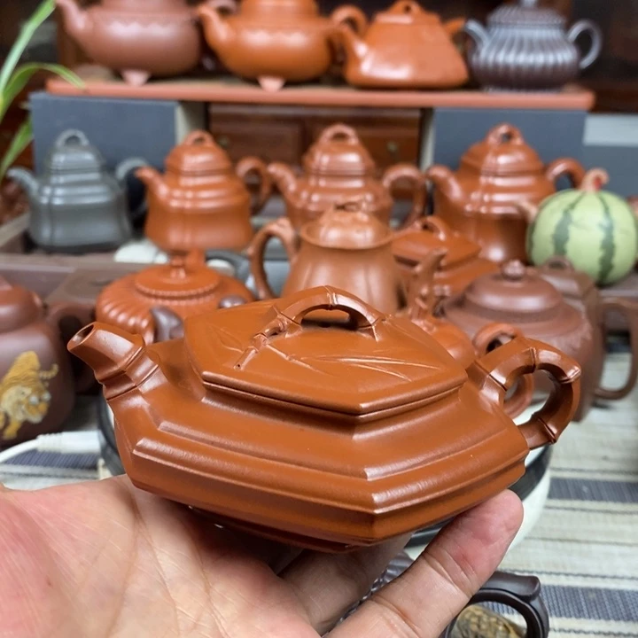 茶壶紫砂六方扁竹150cc原矿赵庄朱泥特价