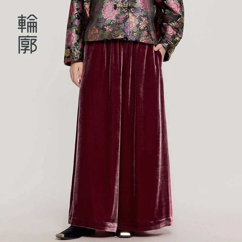 轮廓烟霞通勤百搭休闲裤中式复古国风宽松提花阔腿裤子红L251K008