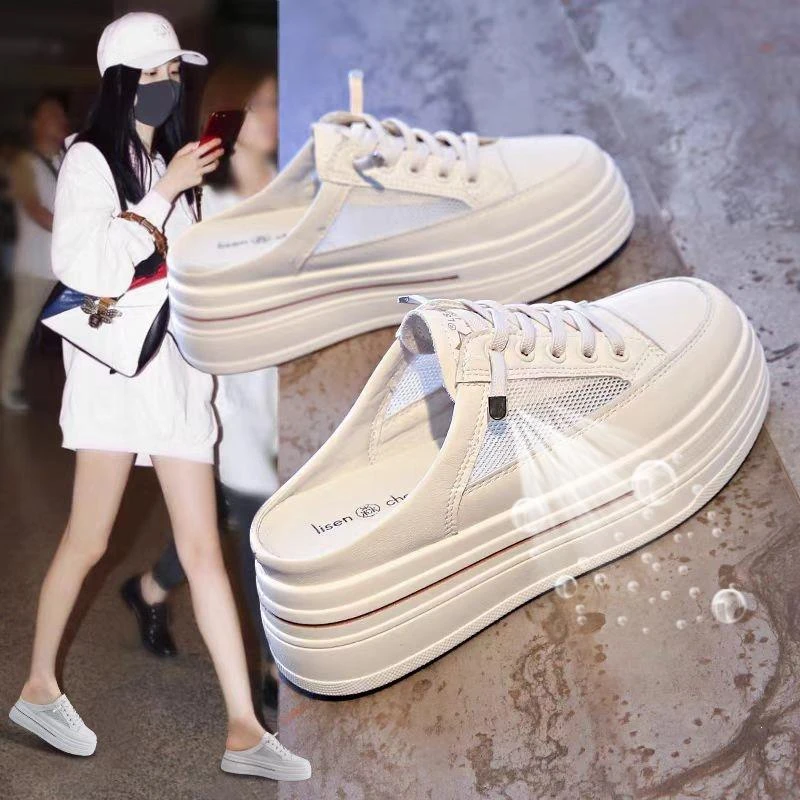 女鞋网面包头拖鞋女外穿2025夏季厚底增高透气懒人半拖小白鞋34码