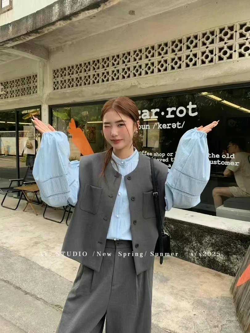 梦小小女装2025年春新韩系圆领简约马甲+阔腿显瘦百搭休闲裤套装