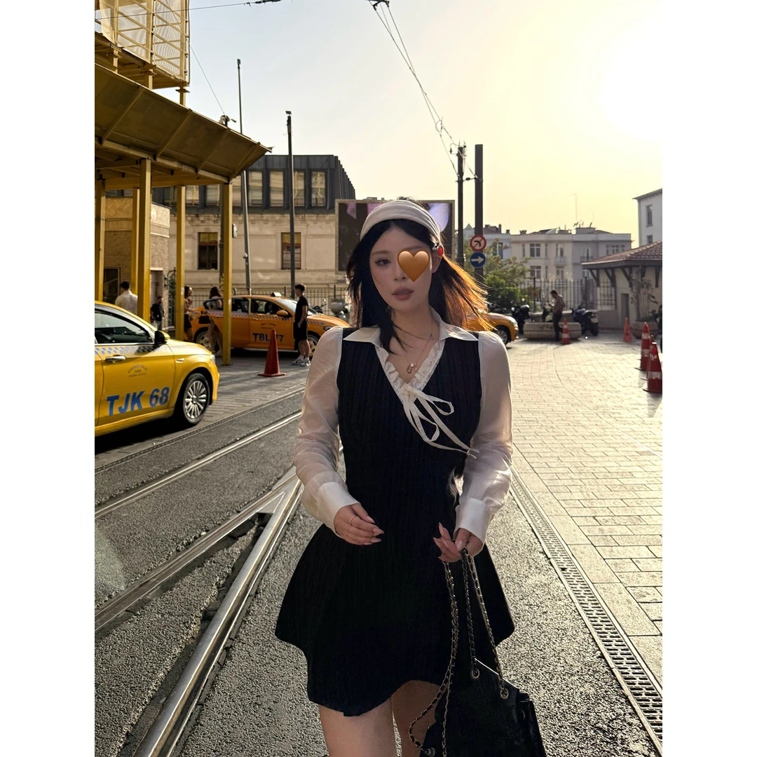 黑泽玄七伯德小姐初秋微胖法式气质显瘦收腰黑棕条全棉连衣裙女