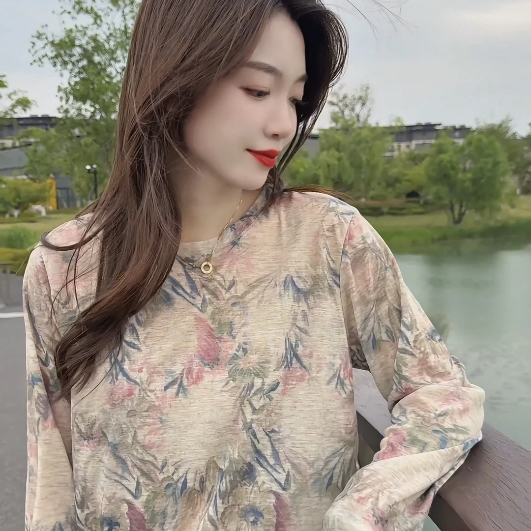 夏季韩系圆领收腰长袖小衫25新款时尚百搭印花短款上衣防晒长袖衫