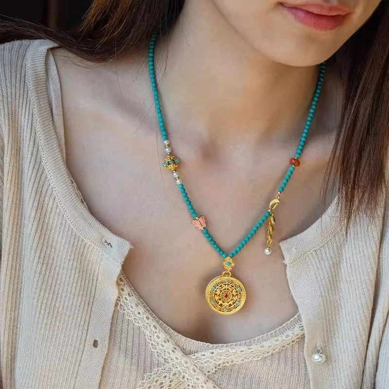 铜合金项链 新中式仿绿色石国风项链新款爆款罗盘项坠锁骨链百搭