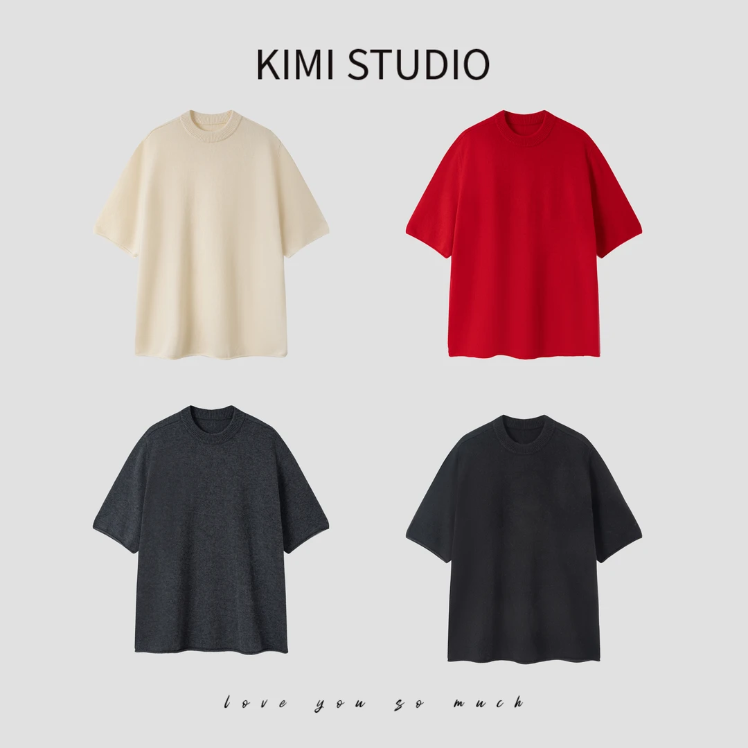 AW25477  高端线秋冬高密度软糯山羊绒row风宽松圆领针织短袖