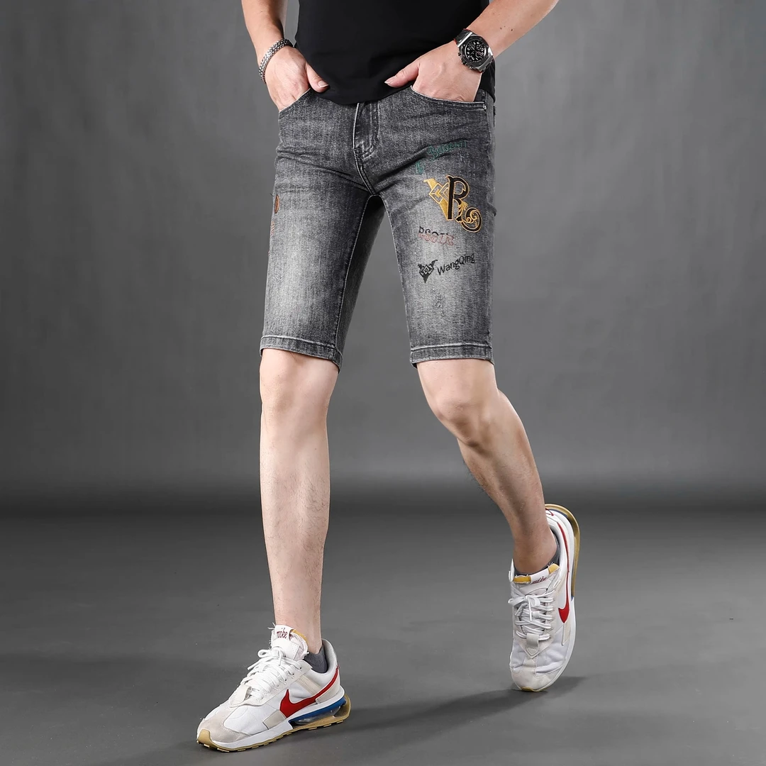 潮牌刺绣牛仔短裤男款爆款2025新款夏季薄款修身直筒弹力五分裤男