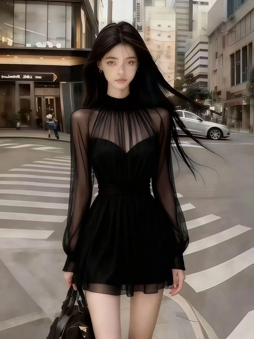 2025冬时尚氛围感纯欲气质辣妹风黑色网纱拼接高领长袖收腰连衣裙