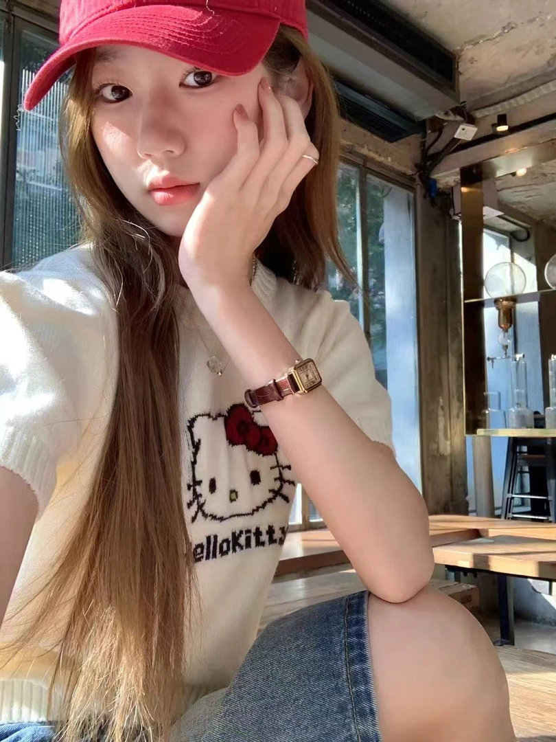 2025夏季新款大码白色短袖T恤甜美kitty猫圆领套头卡通针织上衣