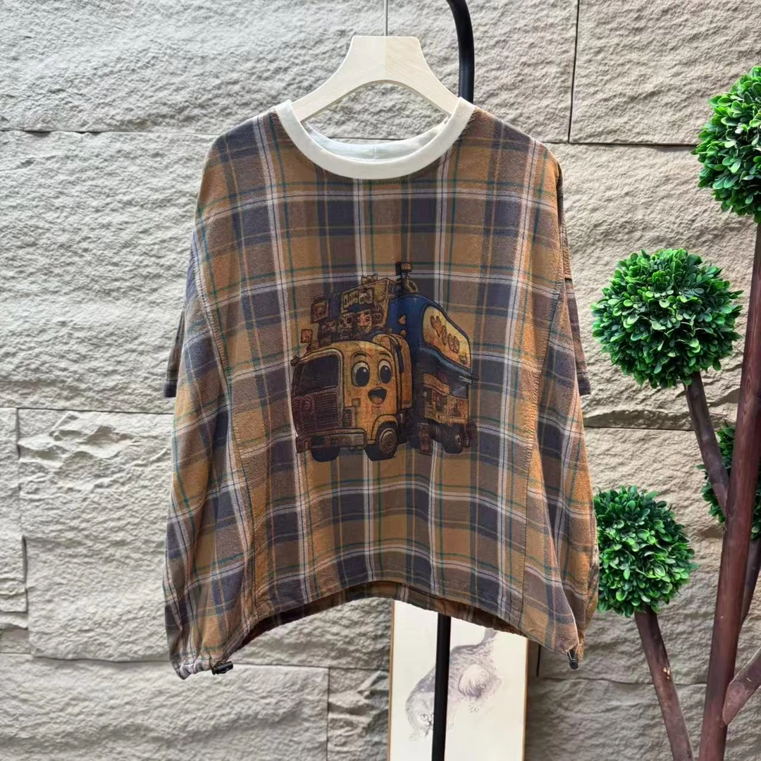 13020新款夏季简约百搭休闲格子印花T恤