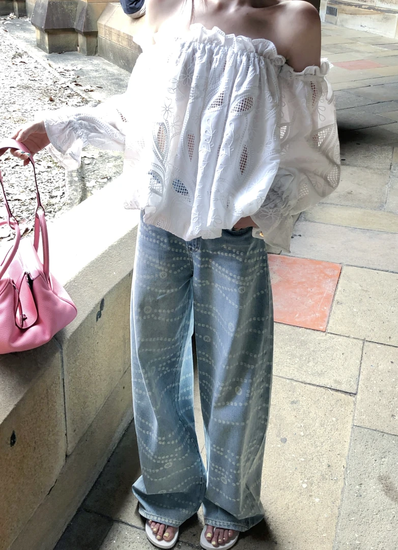 婉君【香家25P珍珠链条裤】满印高级感阔腿休闲牛仔裤LWJ25A1K817