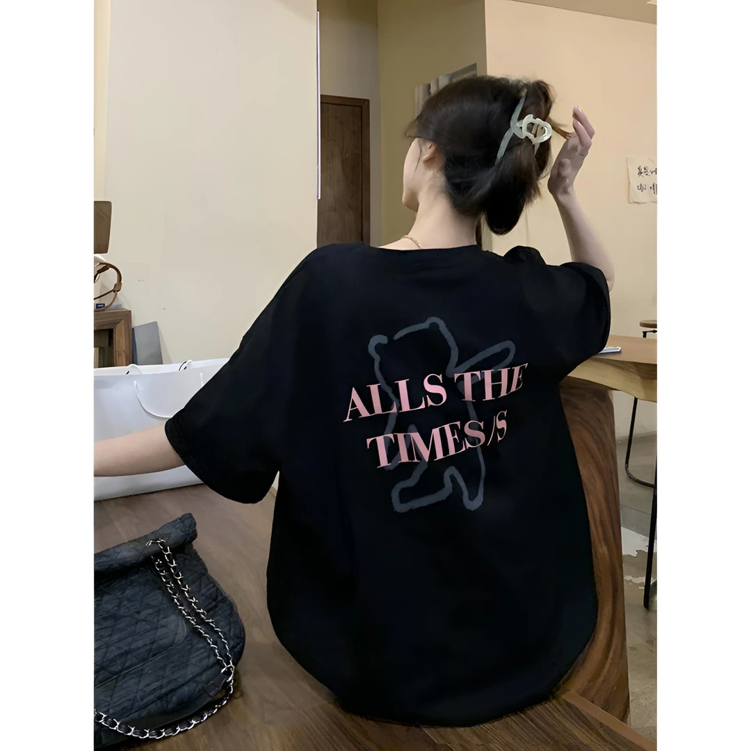 大码美式复古字母印花短袖T恤女夏季胖MM宽松显瘦纯棉黑色上衣潮