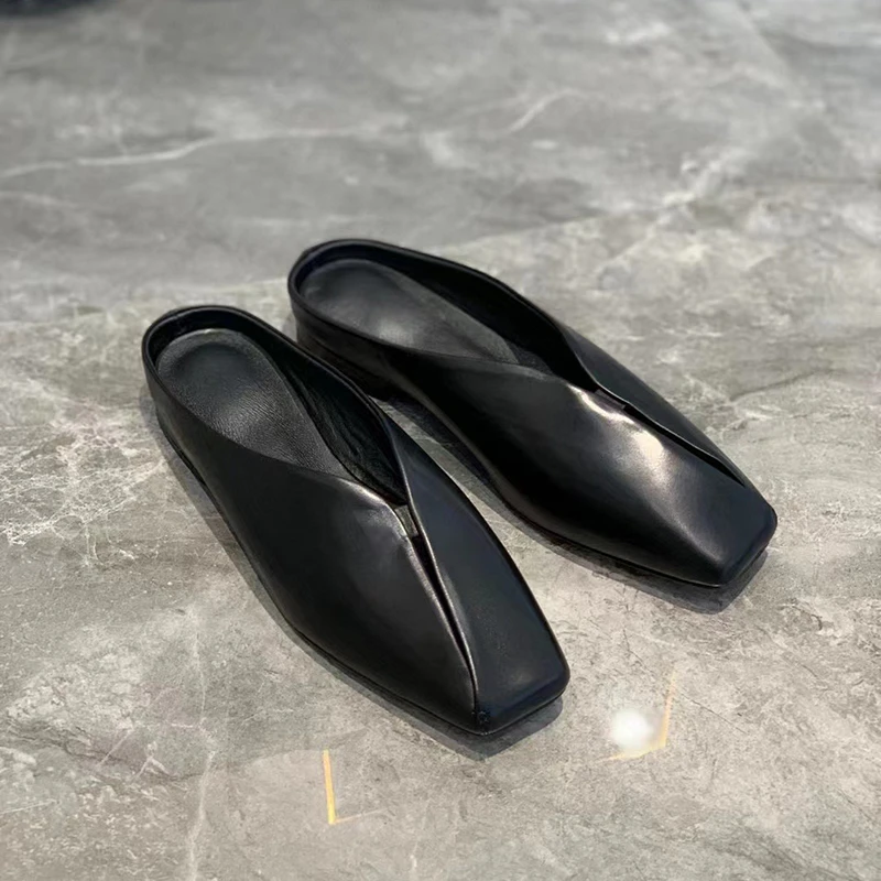 mercy demure胎牛皮方头包头拖鞋女平跟舒适百搭外穿穆勒半拖女鞋