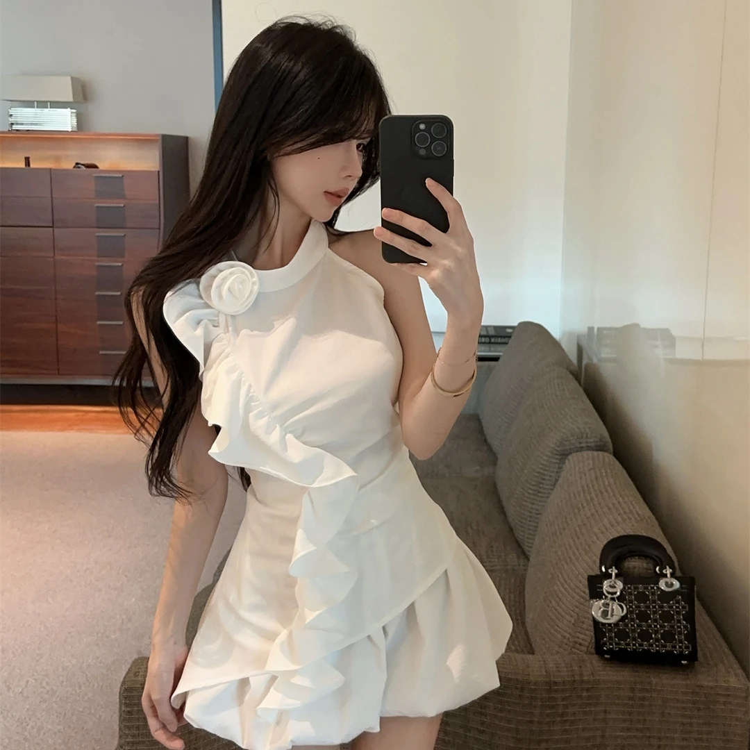 纯欲设计感荷叶边无袖上衣+灯笼花苞短裤女夏时尚套装