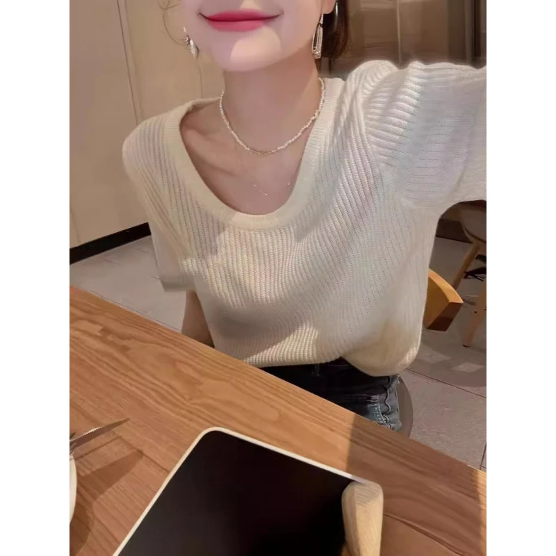 YS冰丝针织衫正肩U领短袖女2025夏季韩版薄款小个子百搭显瘦上衣