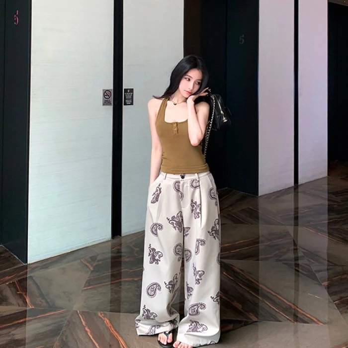 美式复古印花高腰直筒休闲裤女夏季新款设计感宽松阔腿长裤拖地裤