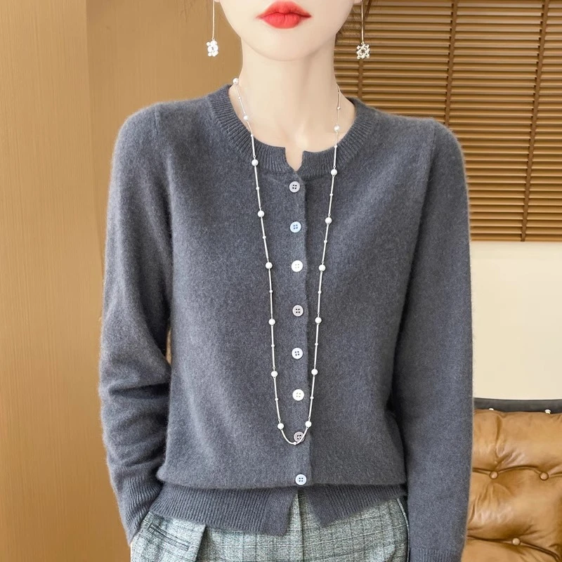 24秋冬新款100%纯羊毛开衫女圆领长袖针织毛衣宽松羊毛衫外套上衣