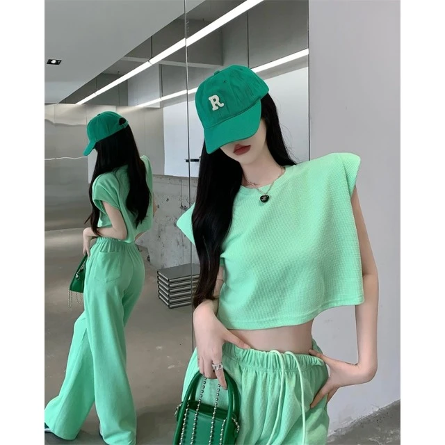 休闲运动套装女夏季纯欲甜辣妹坎肩上衣+绿色阔腿裤小个子两件套