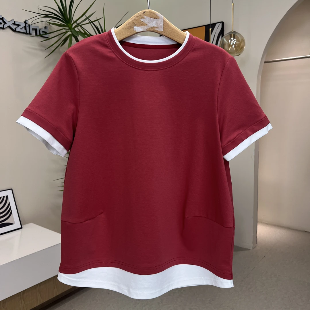 一席之地【2025】夏季撞色假两件圆领宽松休闲纯色百搭T恤