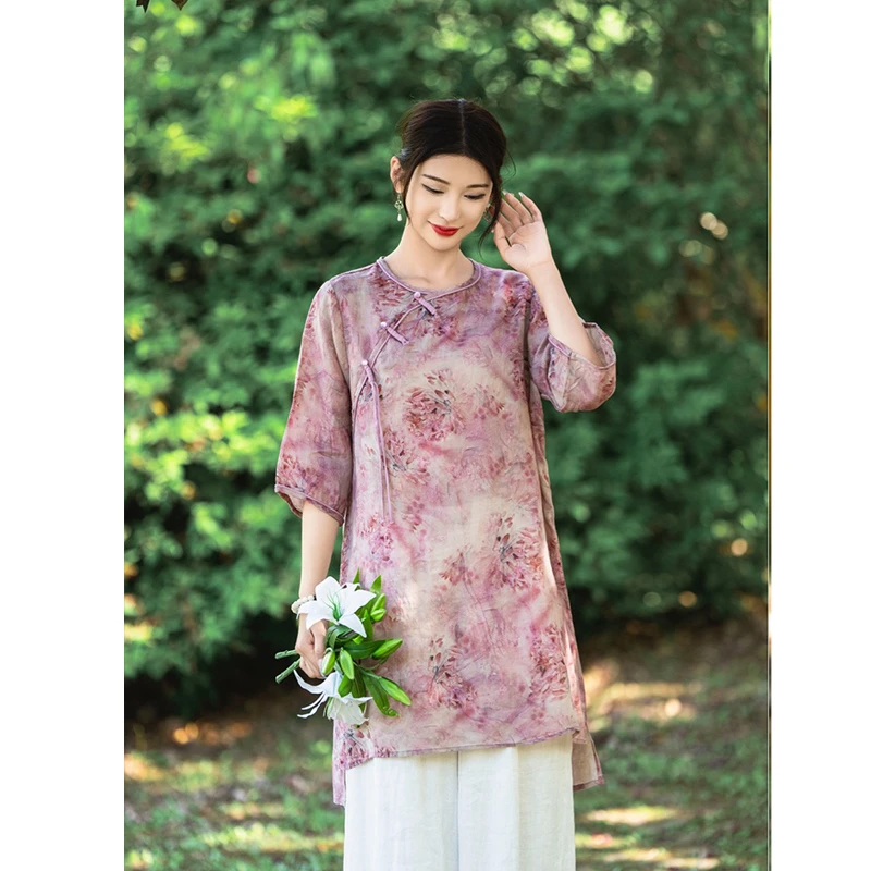 复古珠扣苎麻内里包边印花改良版连衣裙女文艺大码新中式国风中裙