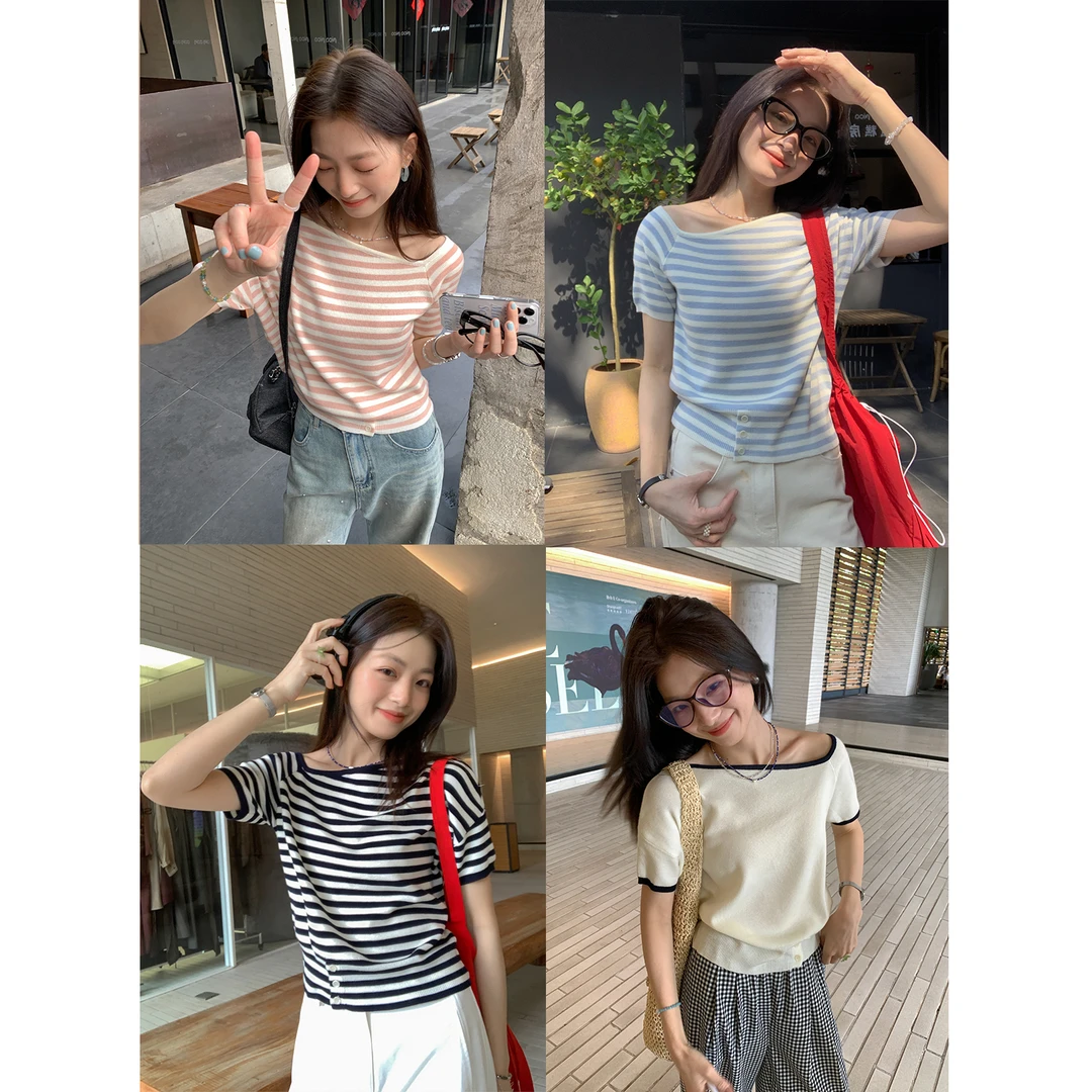 【西西里安】 夏日回音~温柔斜肩收腰开叉条纹针织短袖T恤