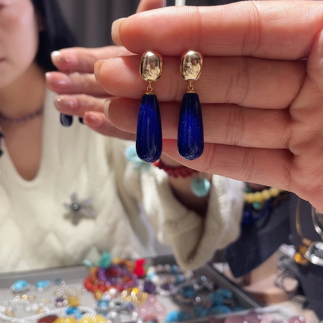 青金石银S925镶嵌耳饰大气款