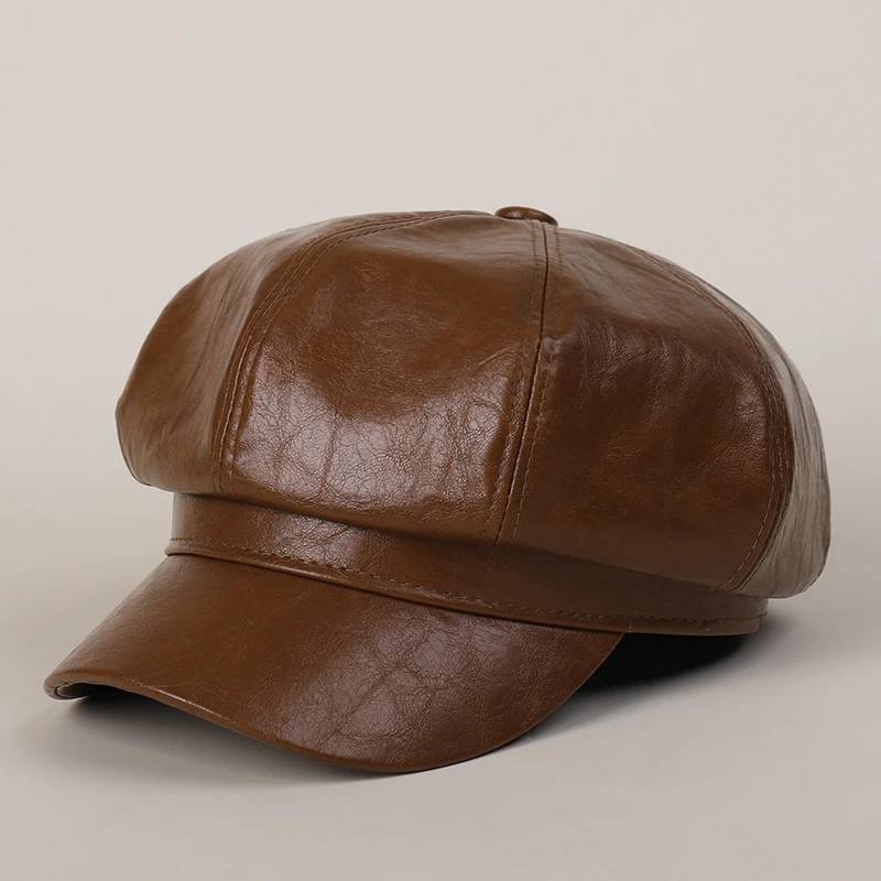 秋冬季韩版皮八角帽女潮百搭时尚鸭舌帽女英伦复古报童画家贝雷帽