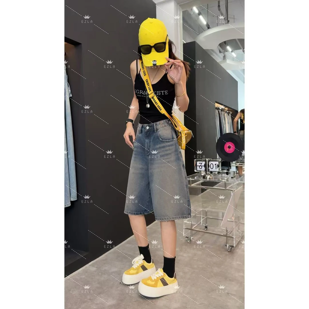 EZ8973 夏季新款显瘦设计宽松潮流短裤无弹水洗软牛仔6分裤