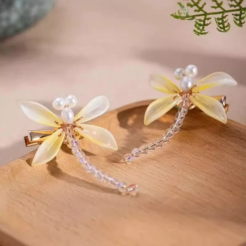 云鬓花古风饰品古装发饰琉璃发饰对夹 绿野蜻蜓 （孤品汉服头饰B42