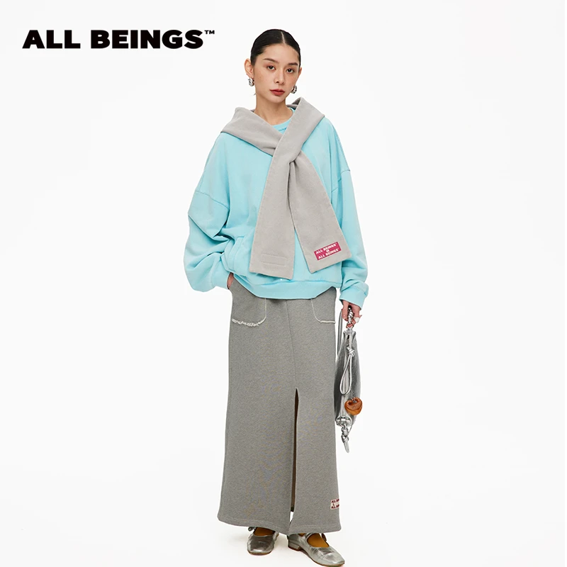 ALL BEINGS春季设计师款花灰色前开衩毛边时尚休闲半身长裙