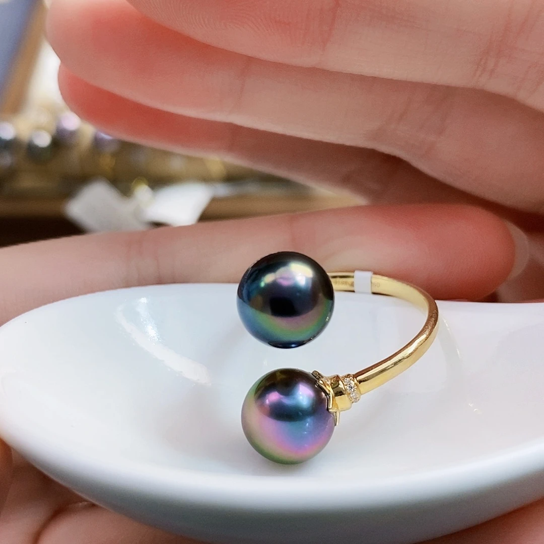 18K金镶嵌特价极光大溪地孔雀绿戒指海水珍珠