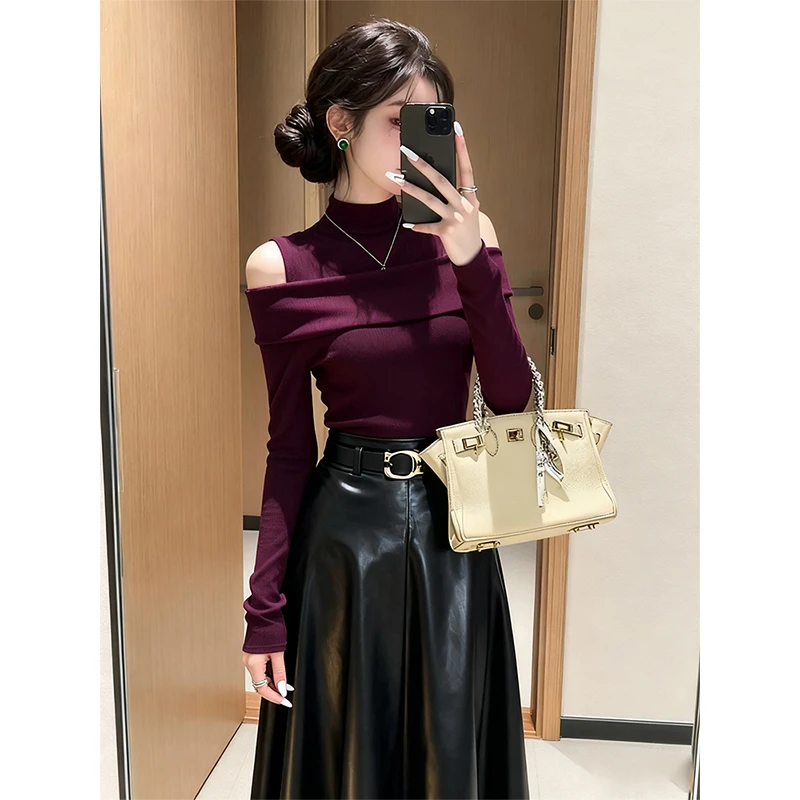 法式轻熟风气质暗紫色露肩针织衫女秋冬高级感辣妹修身内搭打底衫