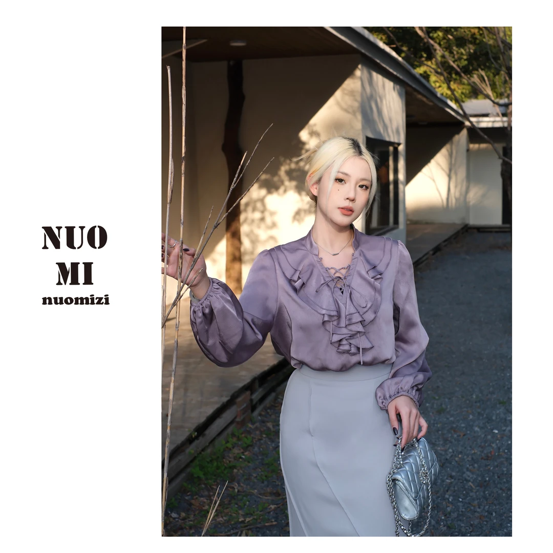 ZOZ糯米子[金秘书]气质名媛高端紫色荷叶边V领衬衫上衣潮