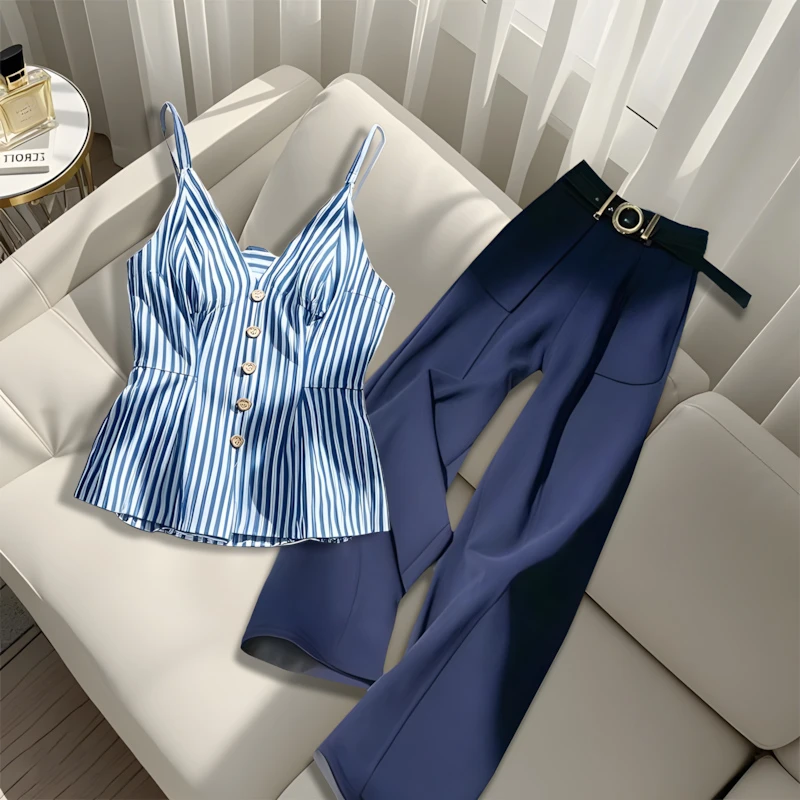 今年夏季流行小个子蓝色条纹吊带上衣高腰显瘦百搭休闲裤子套装女