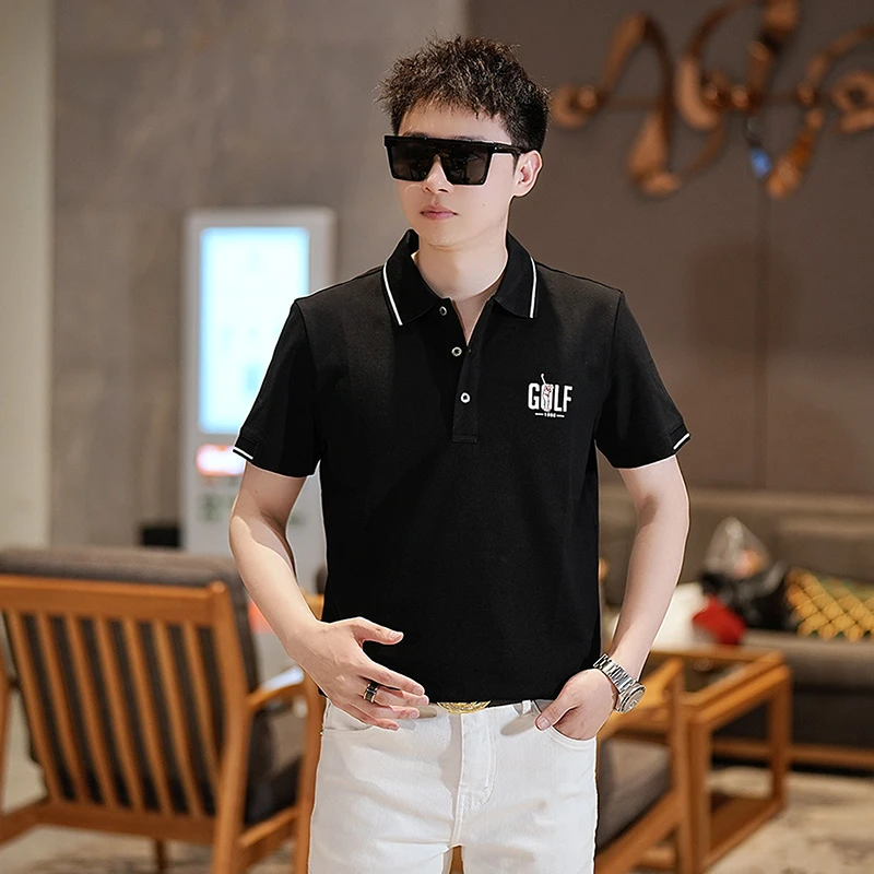 夏季纯色潮流POLO衫时尚针织休闲百搭领口字母短袖