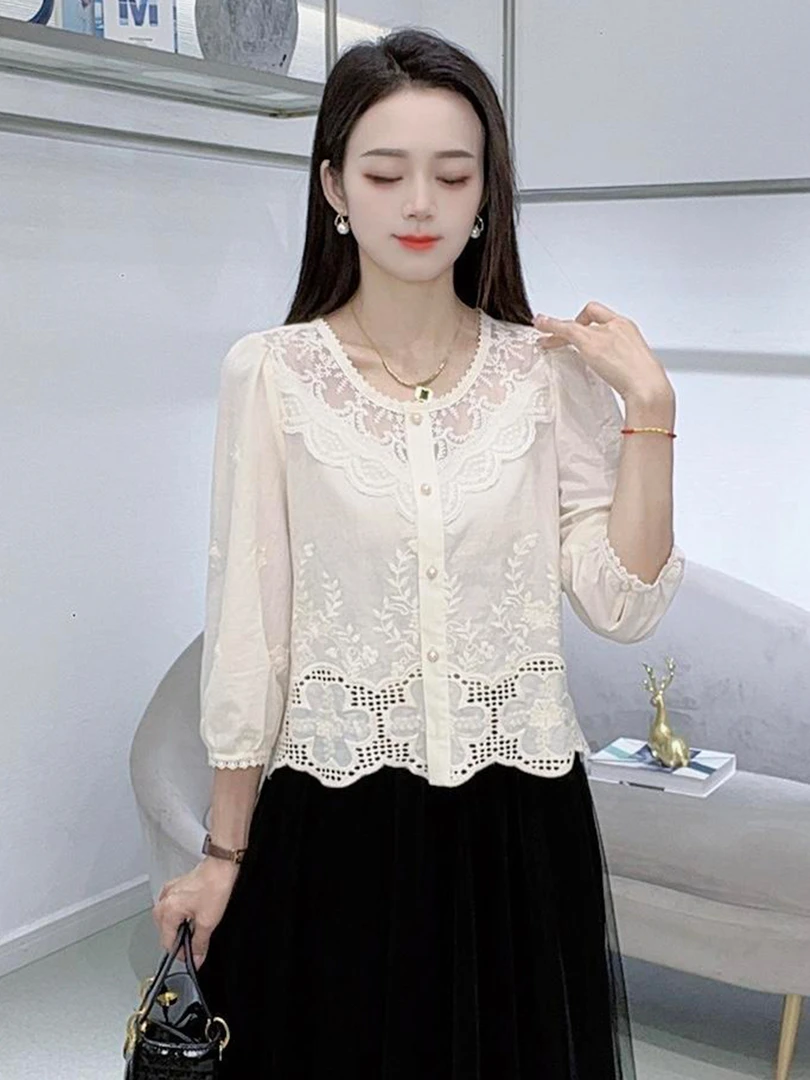 设计感蕾丝拼接七分袖衬衫女2025早秋新款小个子显瘦百搭减龄衬衣