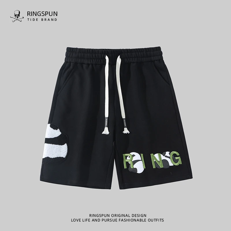 RINGSPUN【熊猫短裤】男士短裤夏季纯棉宽松潮牌休闲裤刺绣五分裤潮