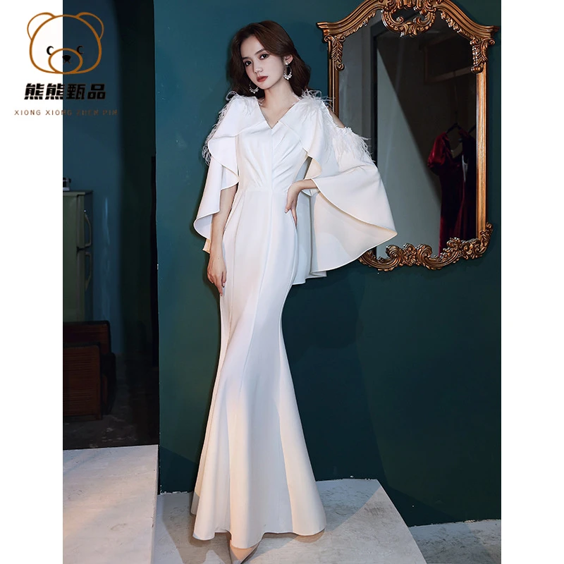 法式轻奢结婚白色连衣裙晚礼服新娘婚纱小礼服大气宴会主持人气wd