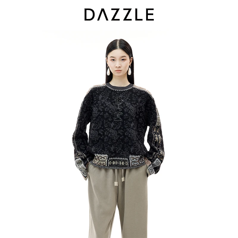 【青绿冬系列】DAZZLE 地素毛衣25冬新款中式套头毛针织衫2J4E495