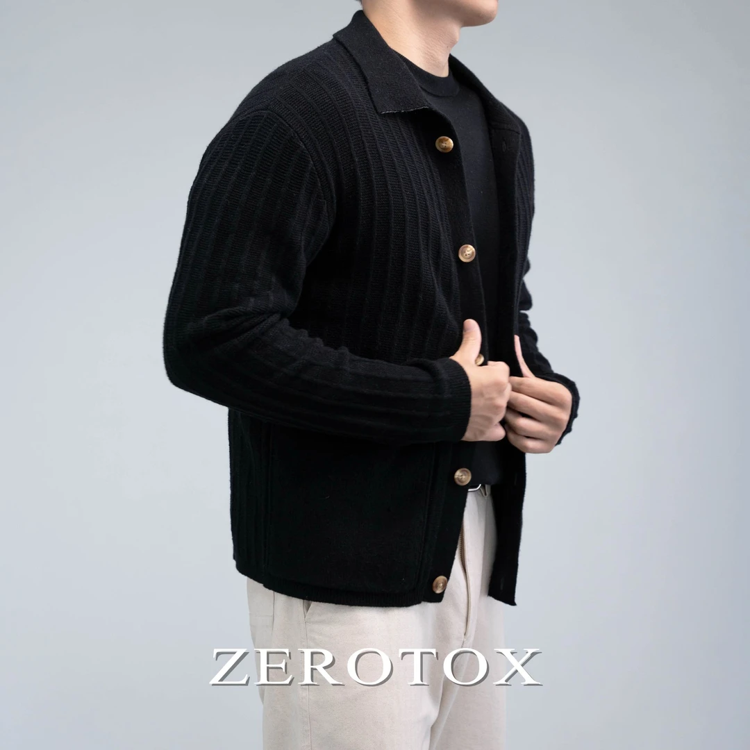 翻领羊毛混纺 美利奴微宽毛衣开衫针织衫休闲外套男