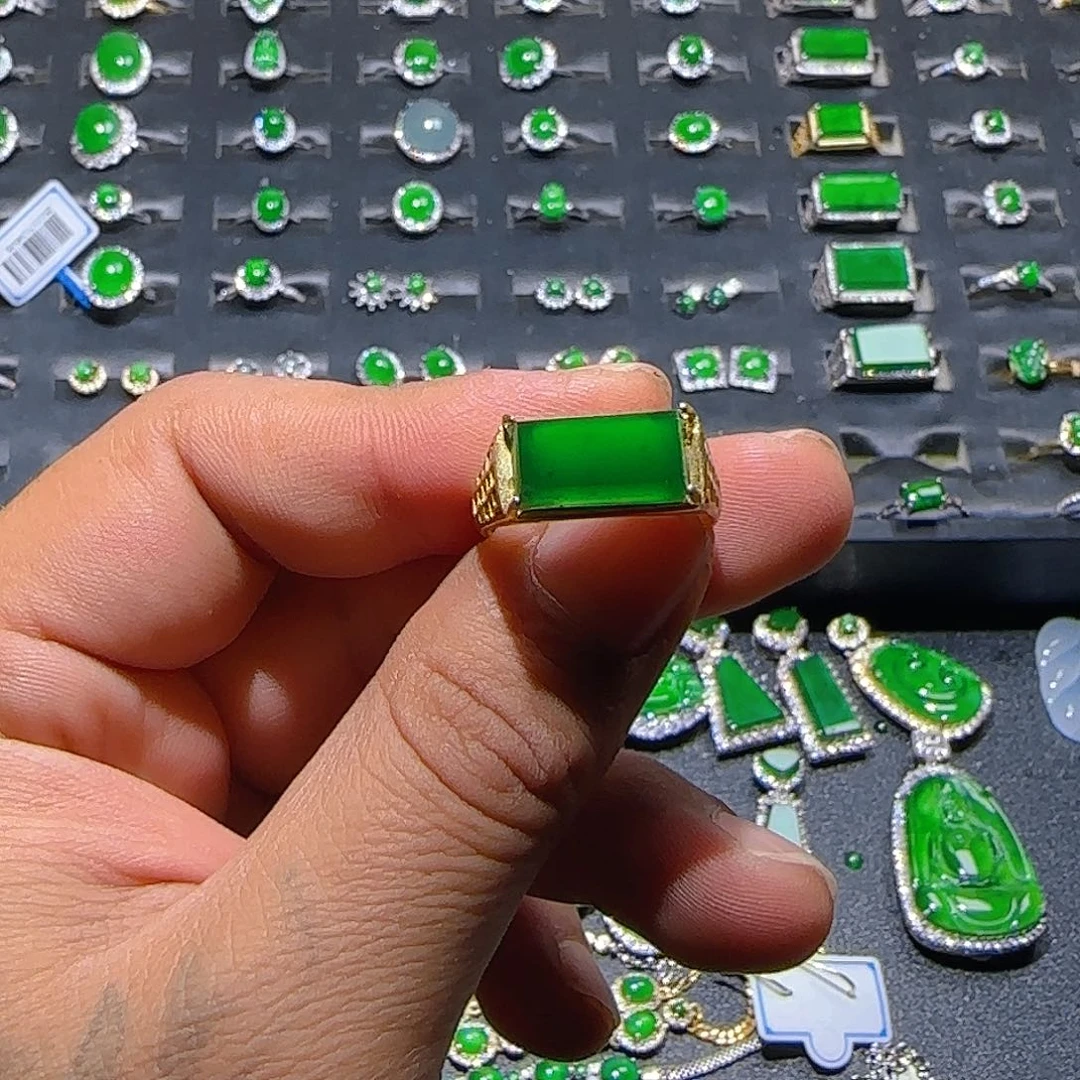 翡翠银S925镀金镶嵌戒指