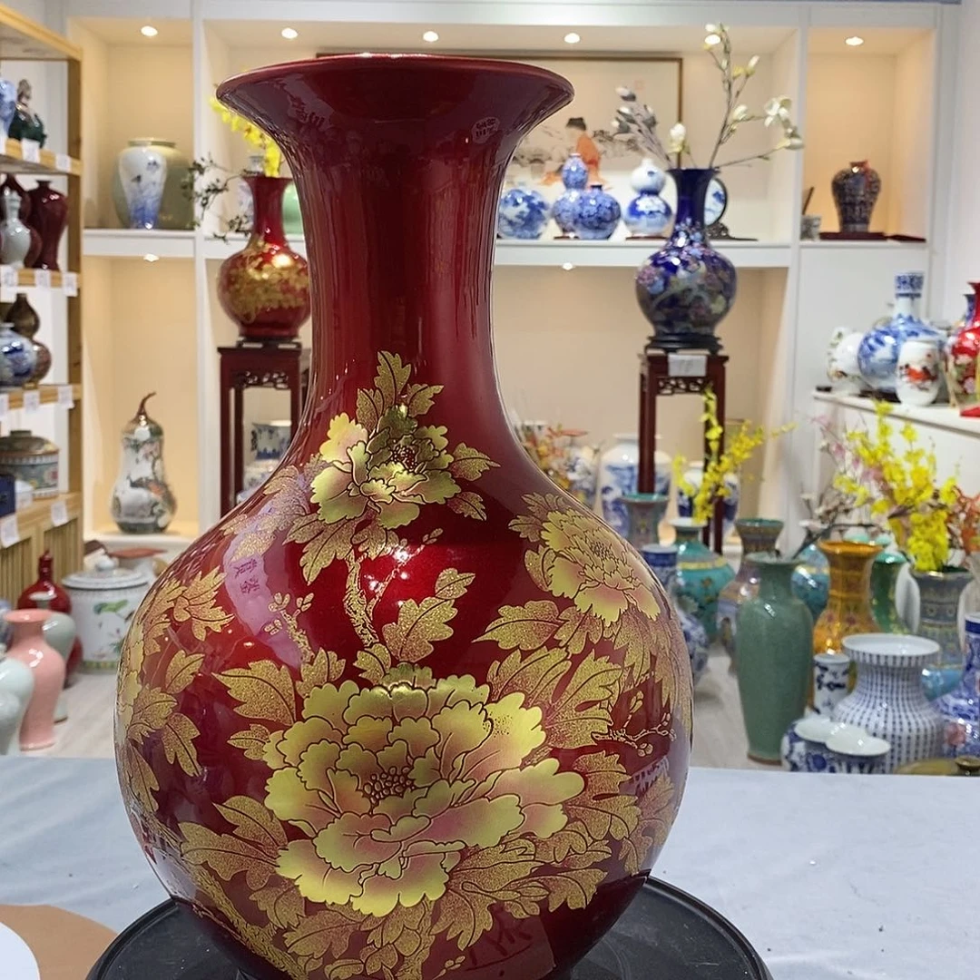 翌***哥陶摆件两个35cm金沙牡丹赏瓶