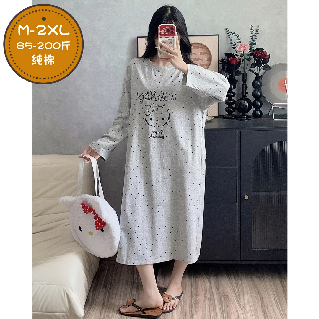 纯棉睡衣女春秋季长袖KT猫休闲风睡裙2025新款胖MM宽松家居服