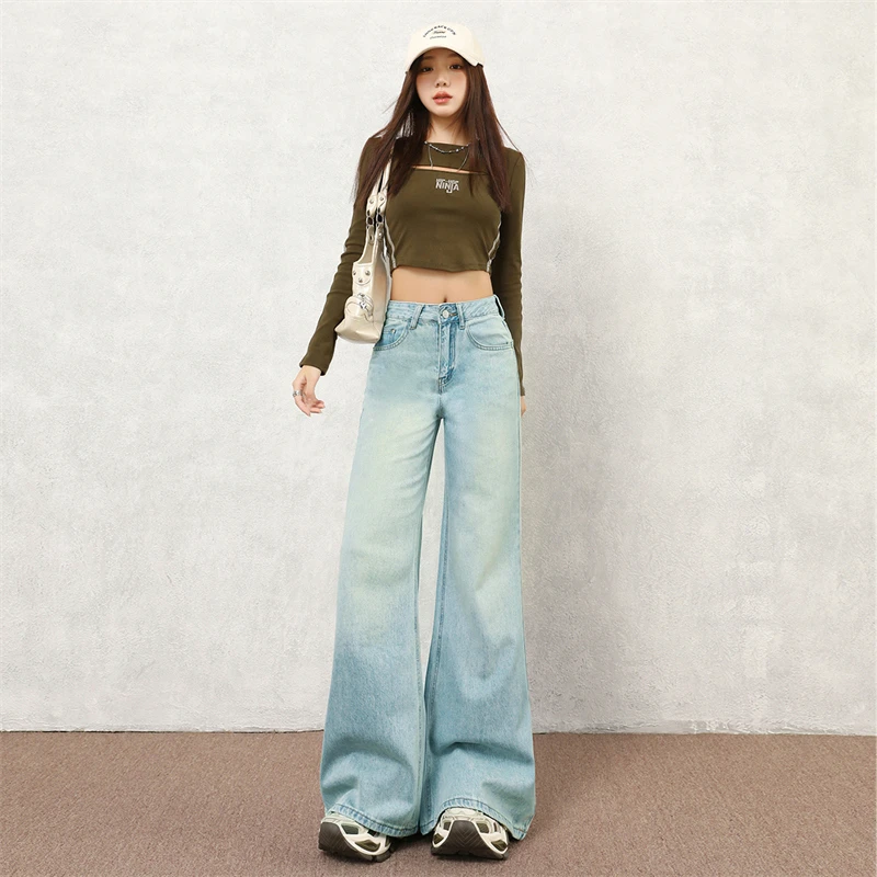 早秋新款冰川蓝高腰宽松显瘦时尚喇叭牛仔裤女上新慵懒垂感拖地裤