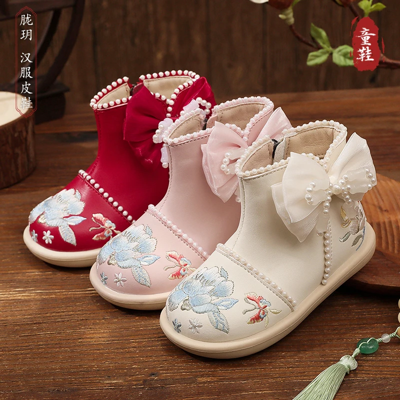 【胧玥】汉服鞋子女童中式国风古风古装儿童宝宝绣花皮鞋春秋新款