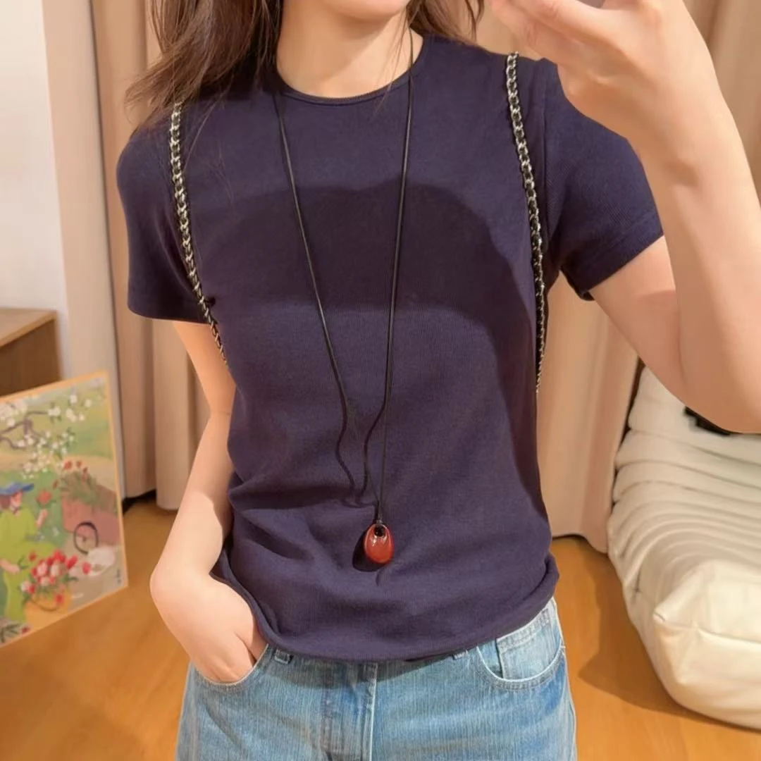 13421余小鱼【爱豆T】五色纯色竖坑条时尚夏季圆领短袖T恤女装