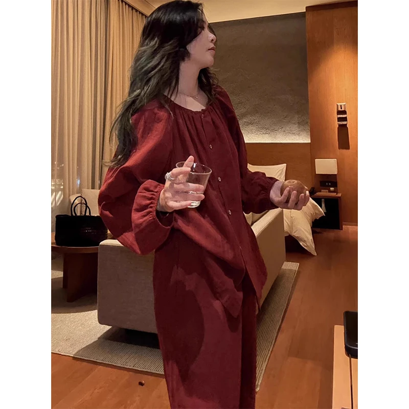 【喜庆新年红】复古酒红色棉纱布睡衣春秋新款长袖长裤家居服套装