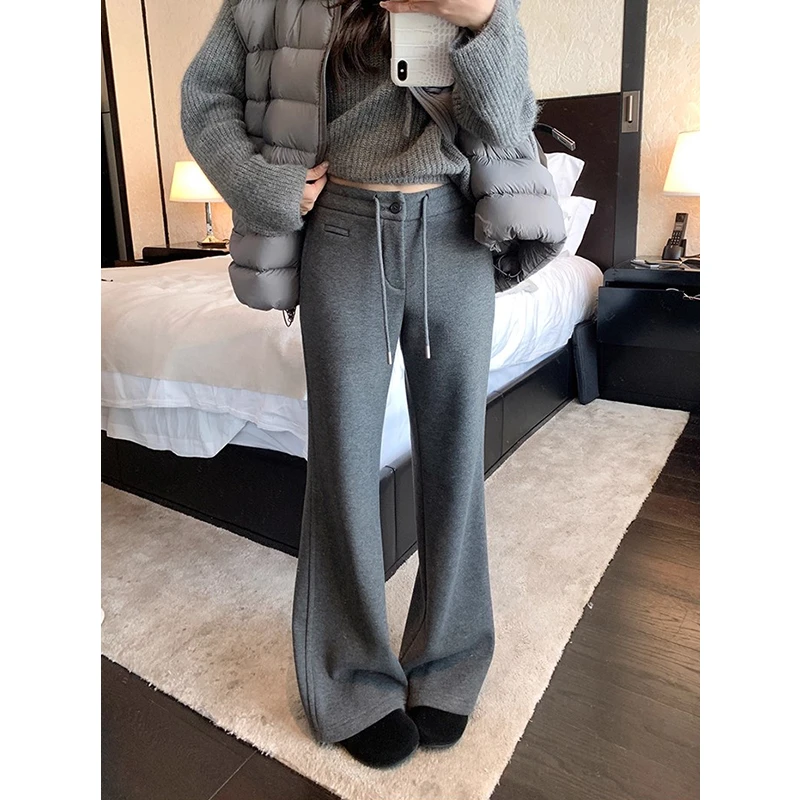耶古时髦感灰色加绒加厚休闲微喇裤女秋冬新款高腰宽松阔腿糯米裤