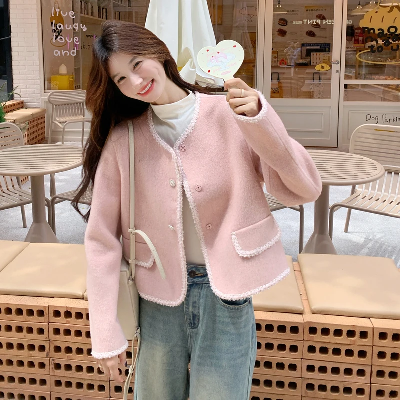 粉色名媛气质超好看小香风短外套女2025秋小个子甜美减龄圆领上衣