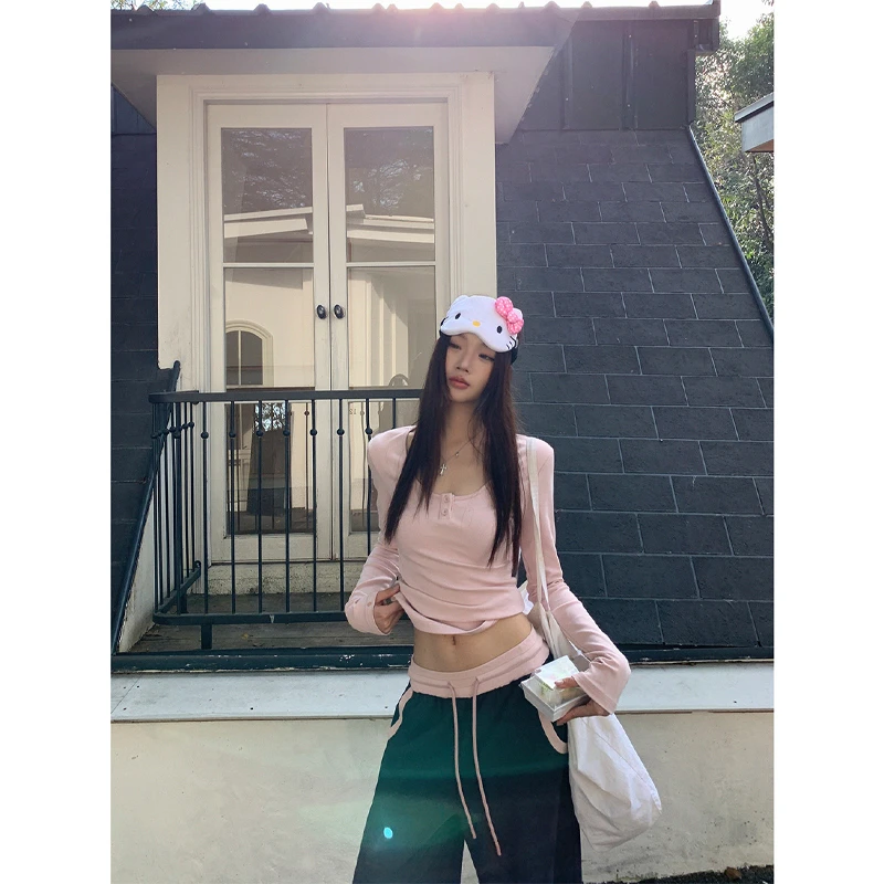 【长岛围海】T恤 秋冬季时尚百搭半圆领拼接粉色长袖T恤261B0670-S