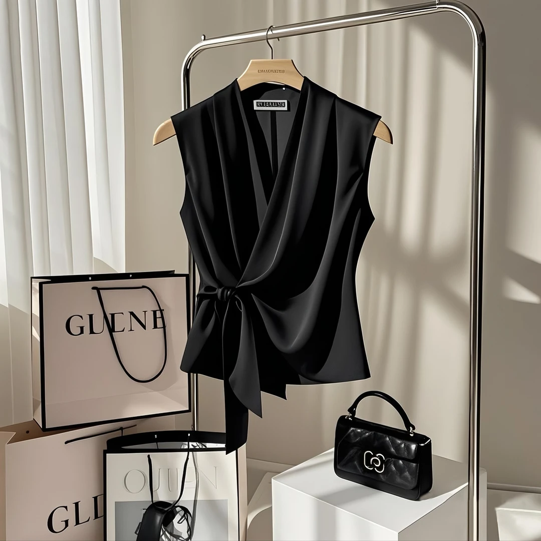 法式感V领无袖外搭女夏季新款修身显瘦气质设计感小众上衣潮