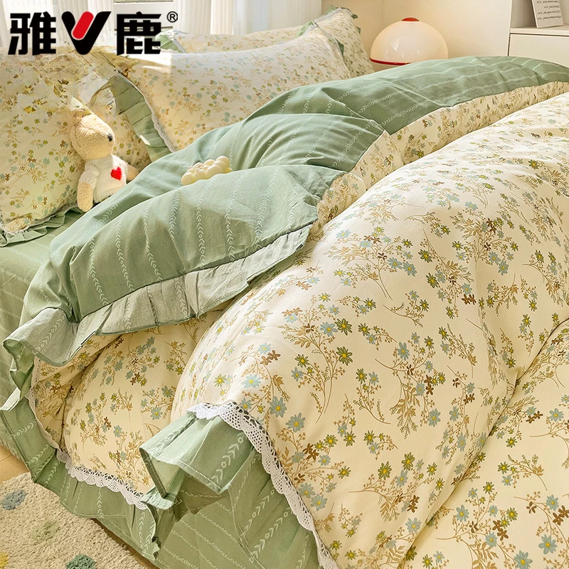 全棉花边款床上四件套纯棉被套单双人床单三件套四季通用被罩床笠
